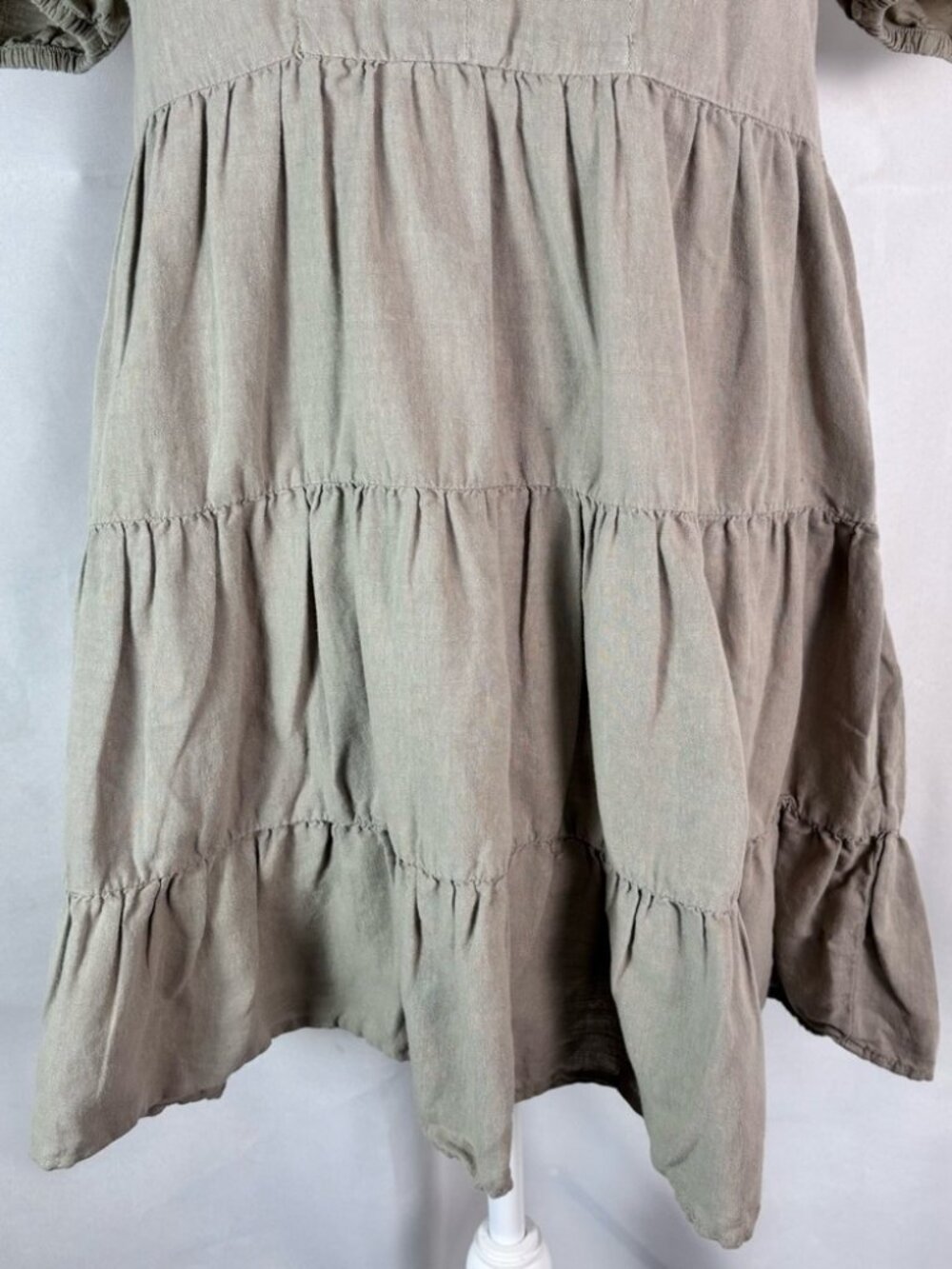 ZARA Linen Blend Tiered Babydoll Mini Dress Taupe Khaki Puff Sleeve Medium - Picture 8 of 9